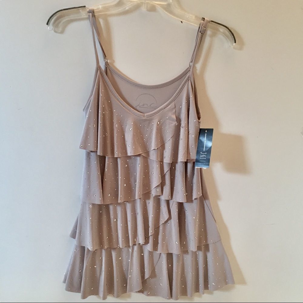 NWT INC Sz S Beige Ruffled Stretch Sleeveless Spaghetti Strapps Bling Top New